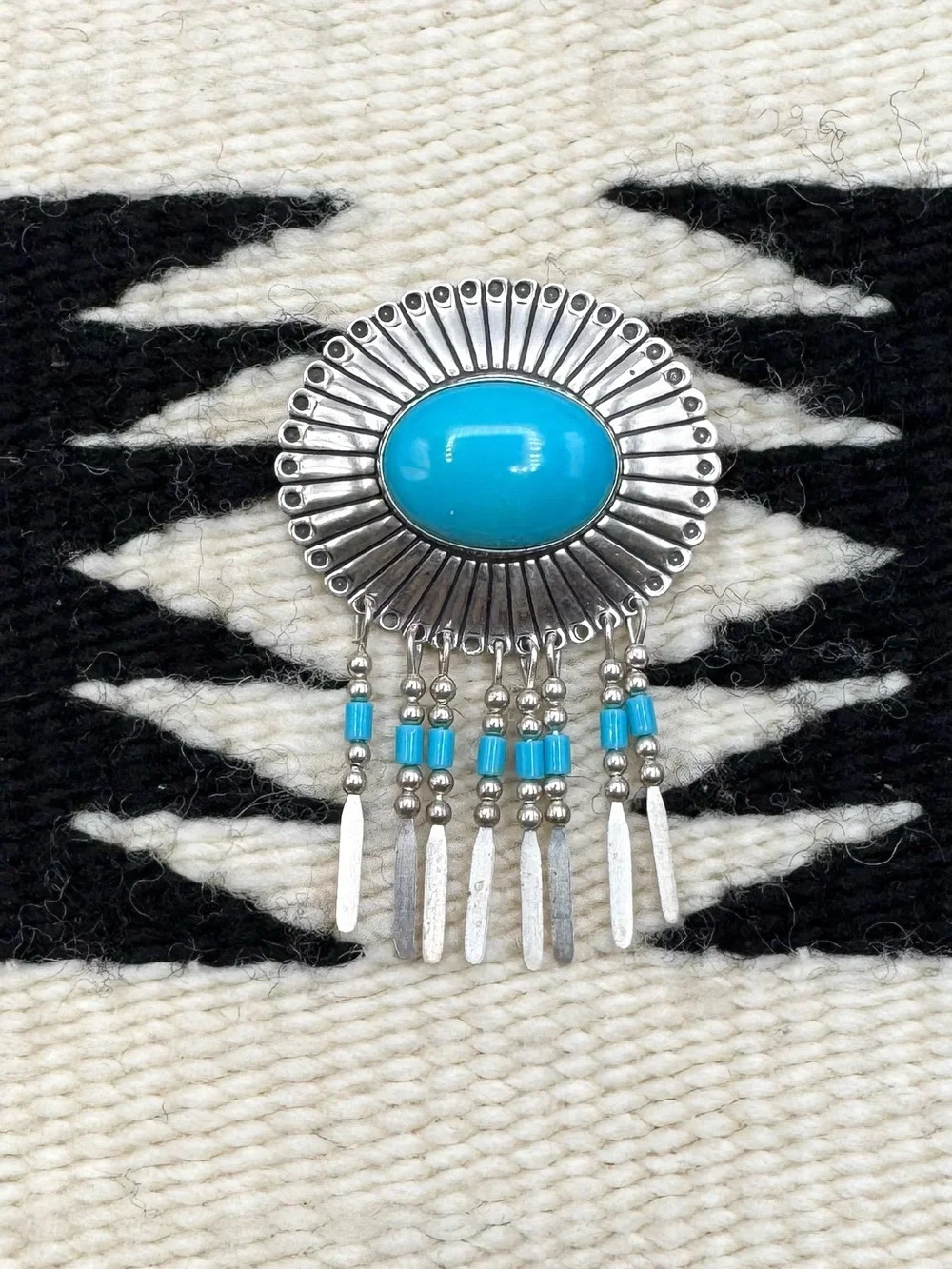 Quoc QT Southwestern Sterling Silver Faux Blue Turquoise Dangle Pendant Pin